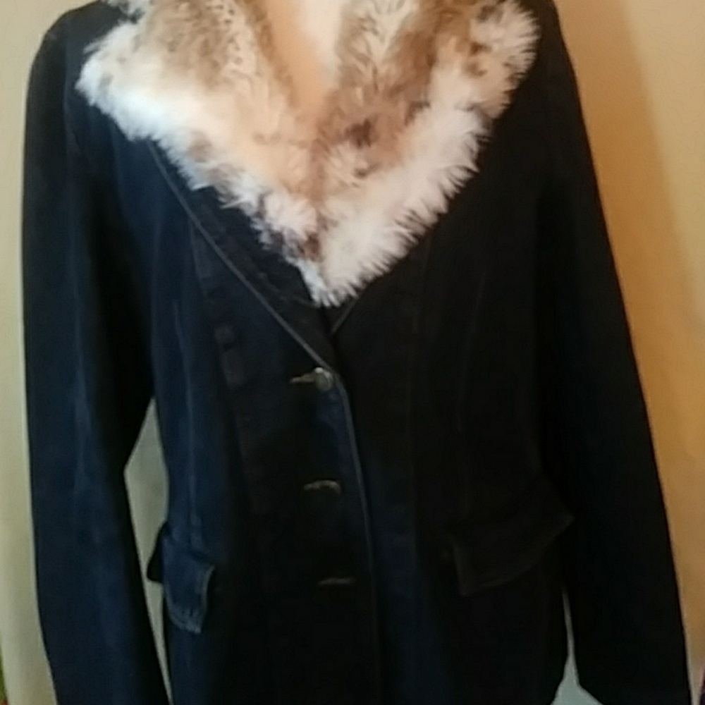 Fu Da New York blue denim jacket w faux fur-sz M